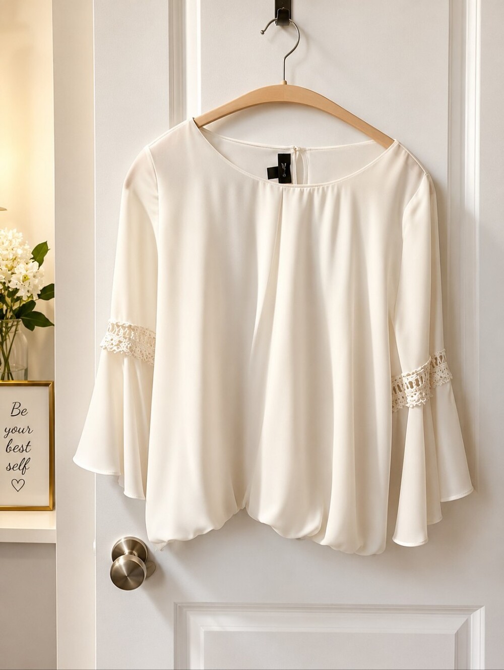 BCX Cottagecore Romantic Coquette Lace Insets Bell Sleeve Blouse Size Large - Picture 1 of 7